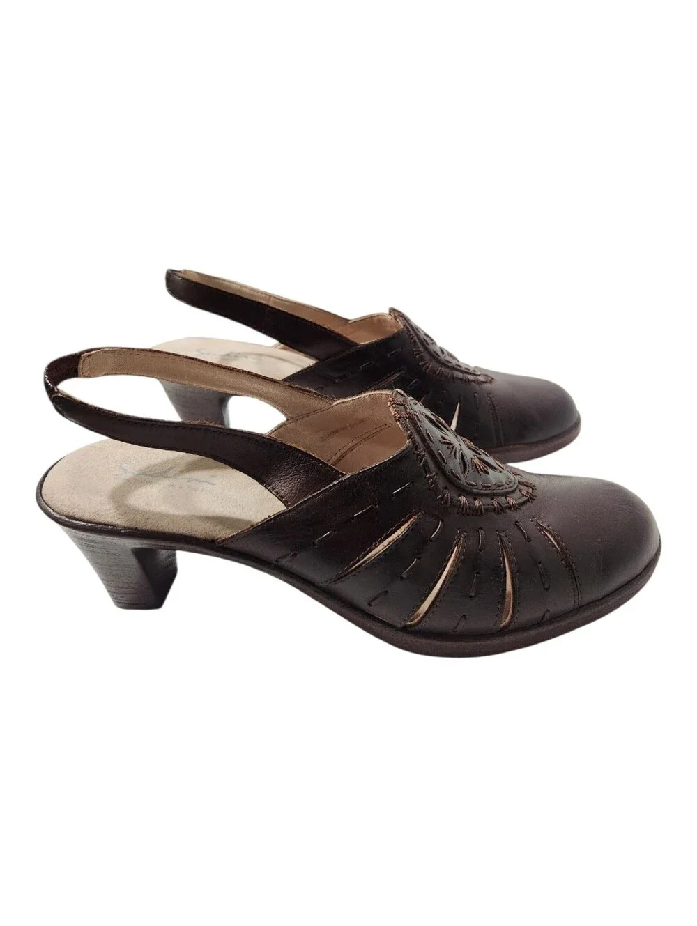 NEW Sudini Dark Brown Leather Slingback Heels with Decorative Cutouts Size 10W